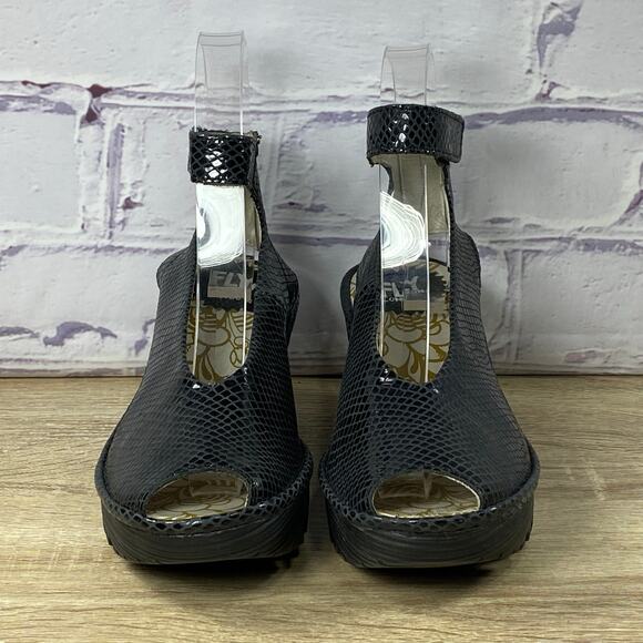 Fly London Black Wedge Sandals - Picture 2 of 8